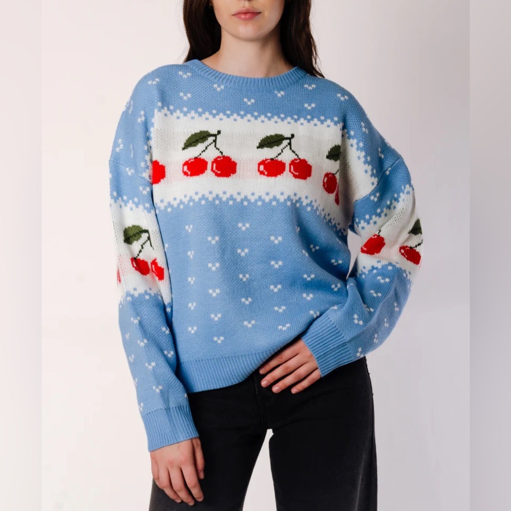 Cherry Print Blue White Red Fruity Crewneck Sweater